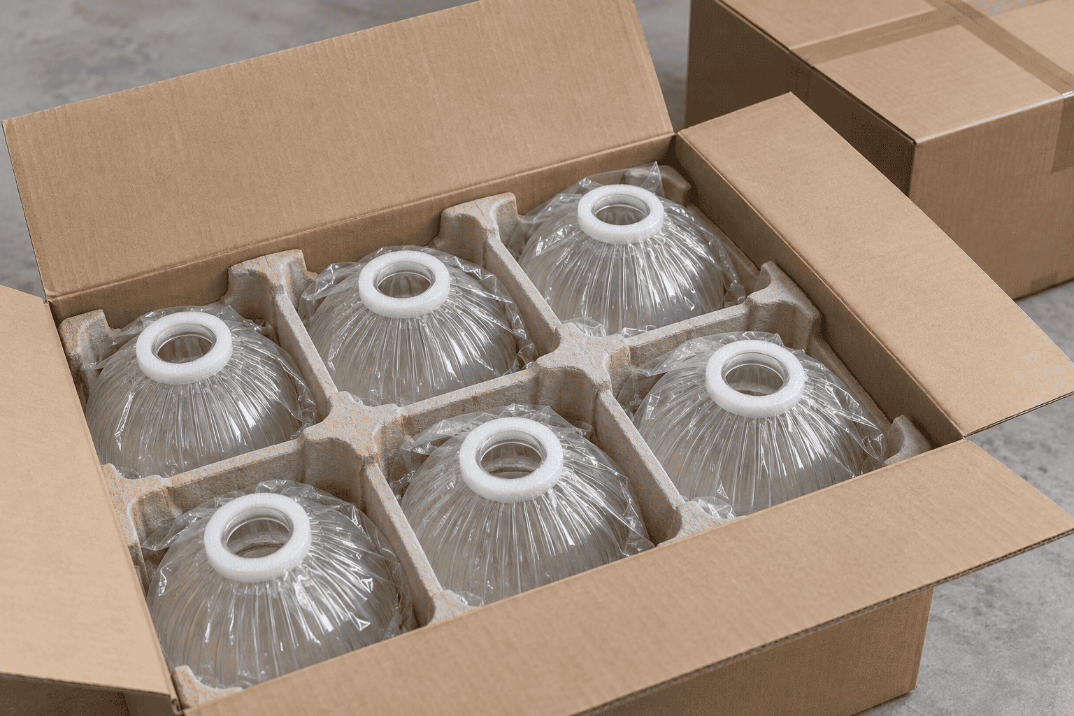 Glass lampshades packed in a box ready for shipping from manufacturer.
