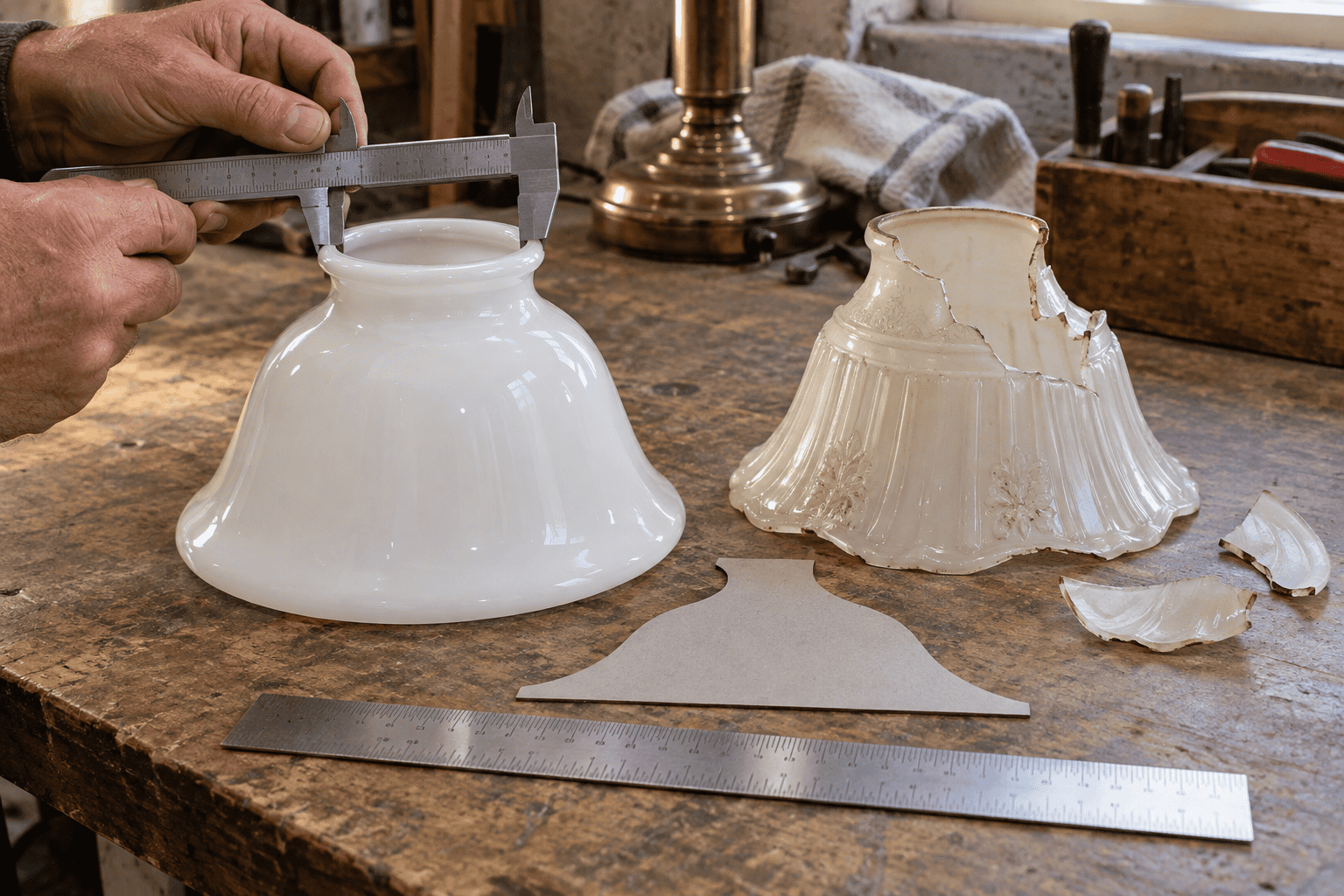 Calipers and a profile template measuring the fitter opening height width and rim of a replacement glass shade