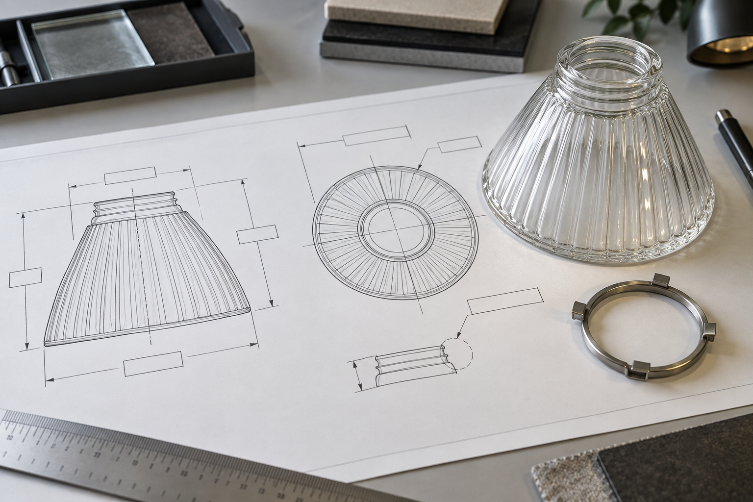 Glass lampshade prototype with technical drawings and tools.