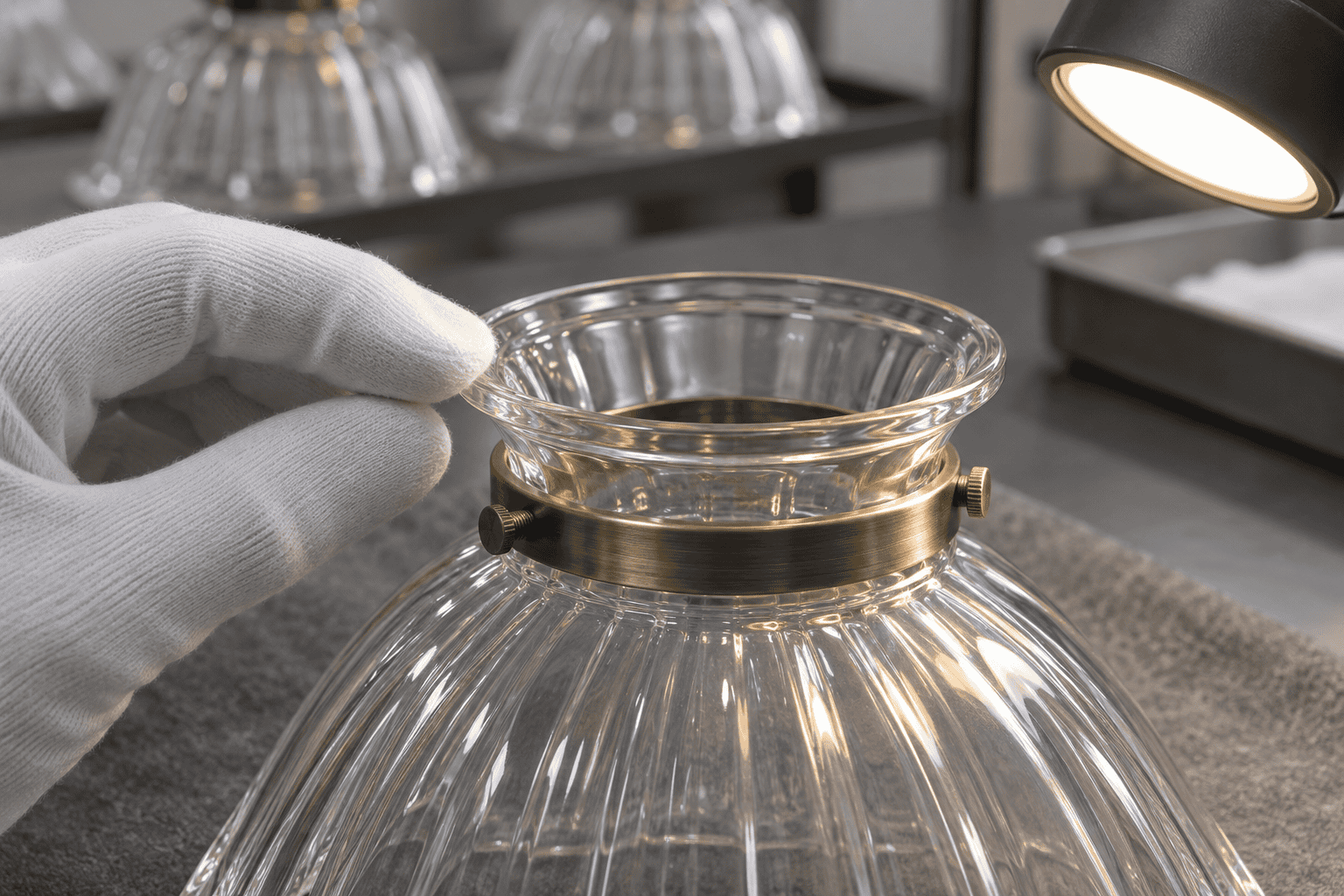 Close-up of glass lampshade being crafted by a manufacturer.