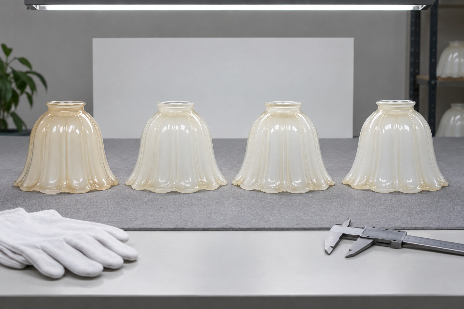 Approved glass lamp shade master sample beside later samples under the same neutral light