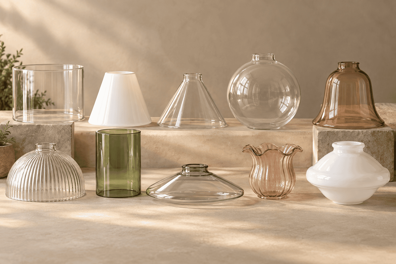 Drum empire cone globe bell dome cylinder dish tulip and schoolhouse glass shade profiles arranged on a neutral surface