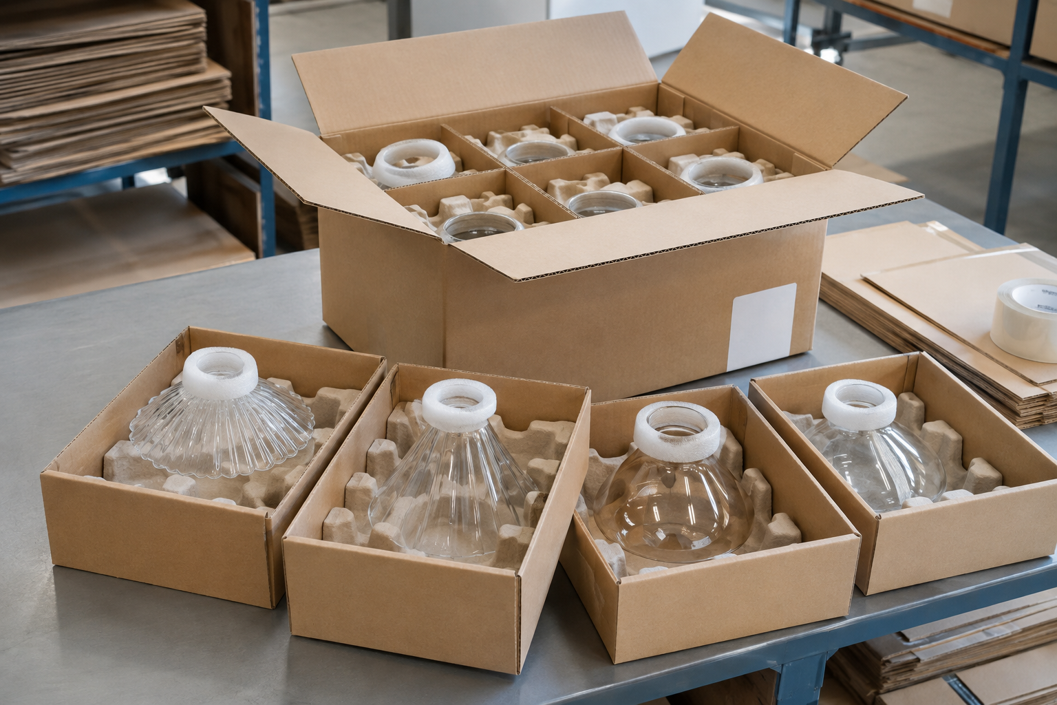 Glass lamp shades protected by molded separators, foam sleeves, inner cartons and an outer carton