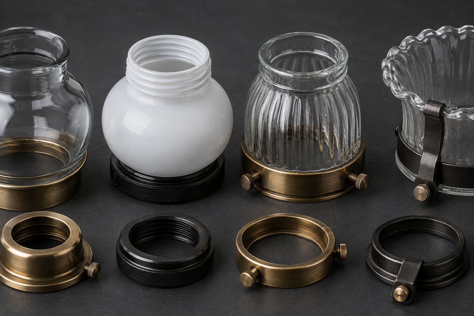 Glass shade rims and metal retaining rings arranged to compare fitter and holder interfaces