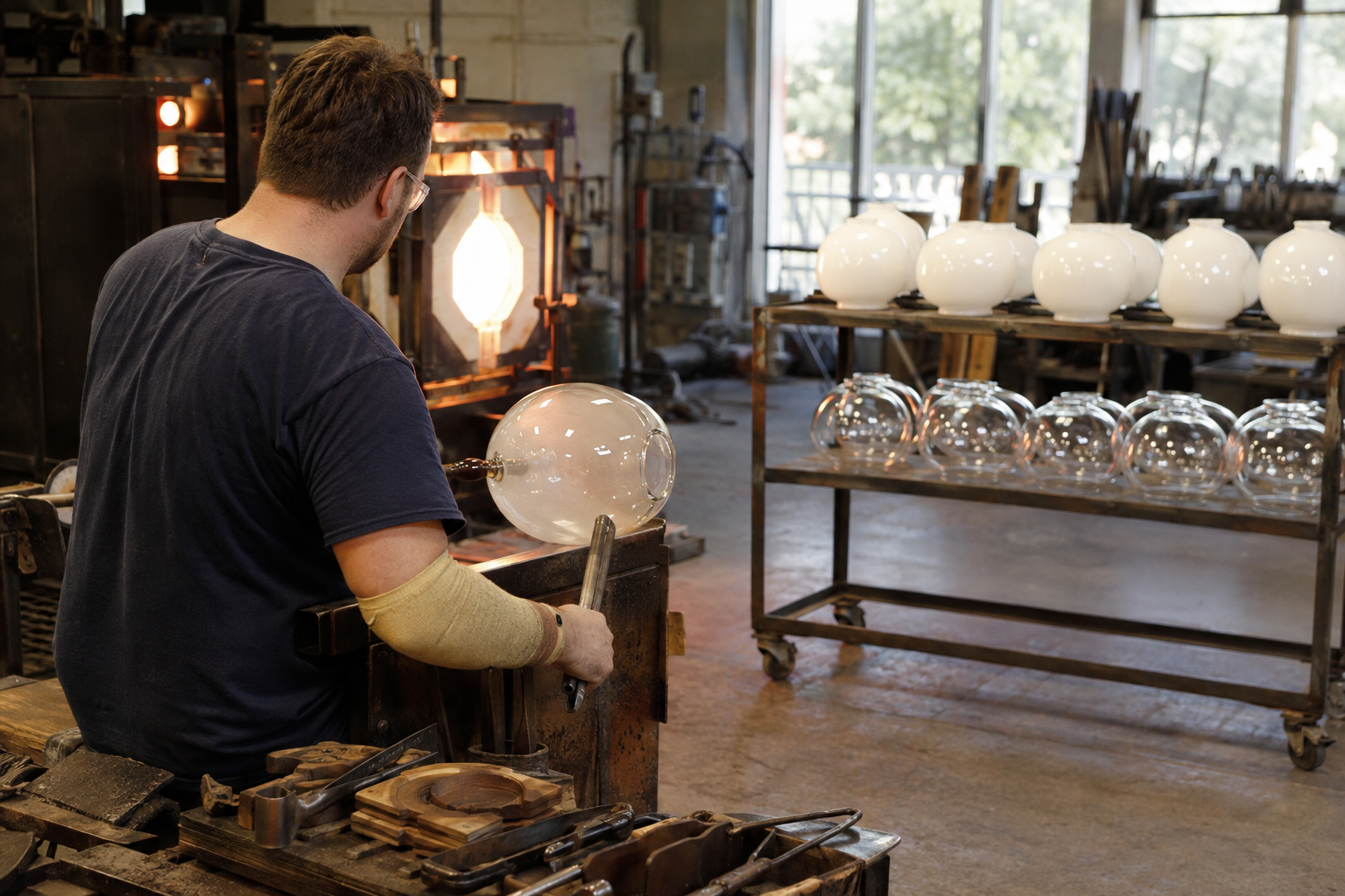 Technician shaping a glass lamp shade at a controlled workshop forming station
