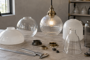 Glass light shade forms, fitter rings, calipers and a ruler arranged on a workshop table