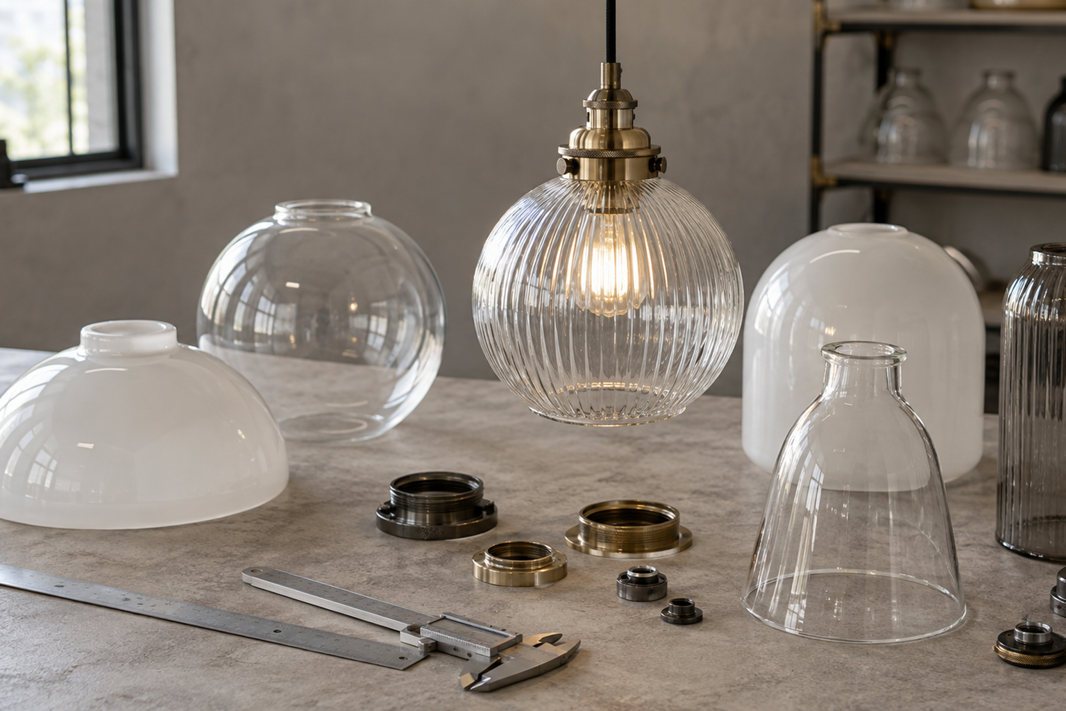 Glass light shade forms, fitter rings, calipers and a ruler arranged on a workshop table