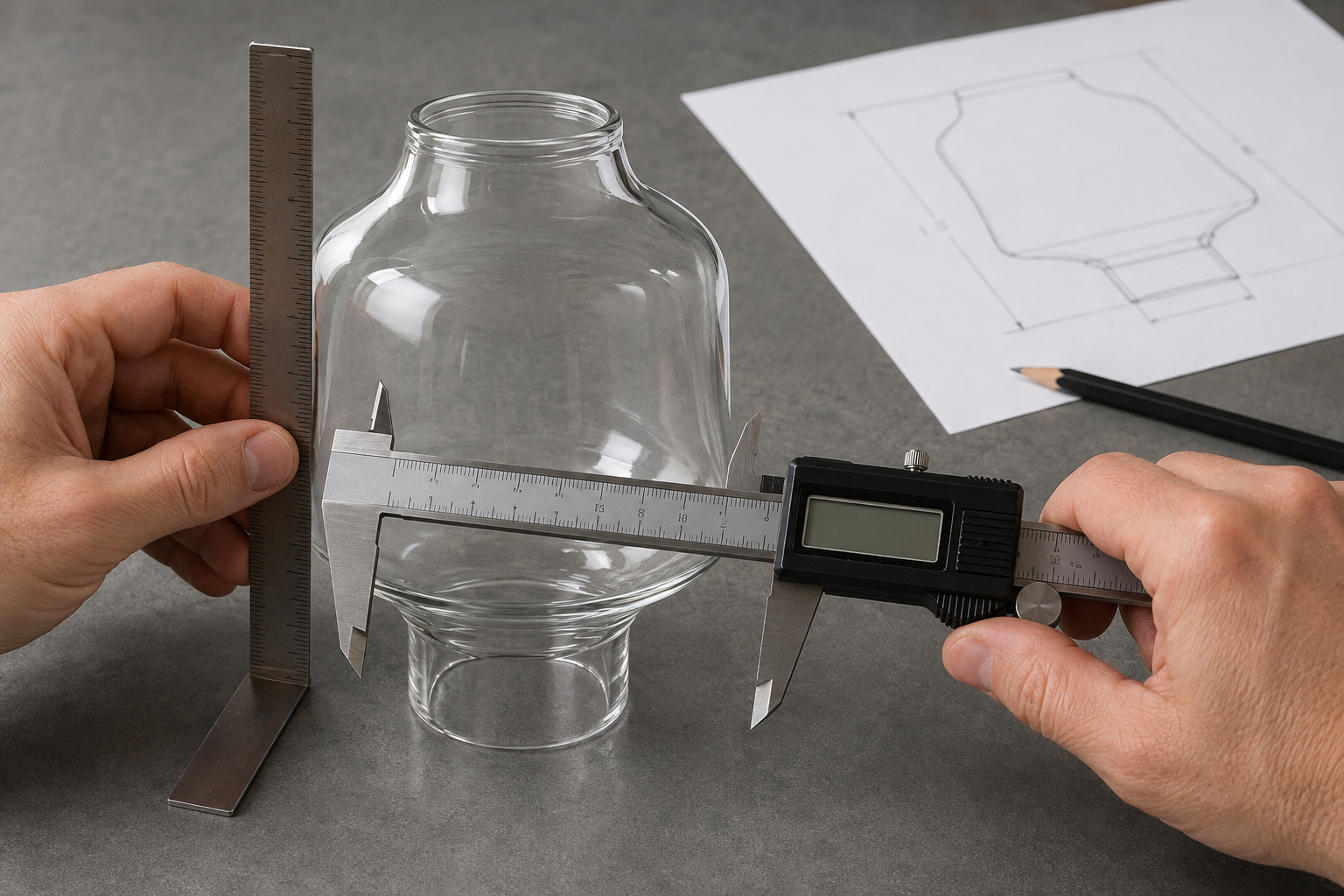 Hands measuring a glass shade opening and body diameter with a digital caliper and steel ruler