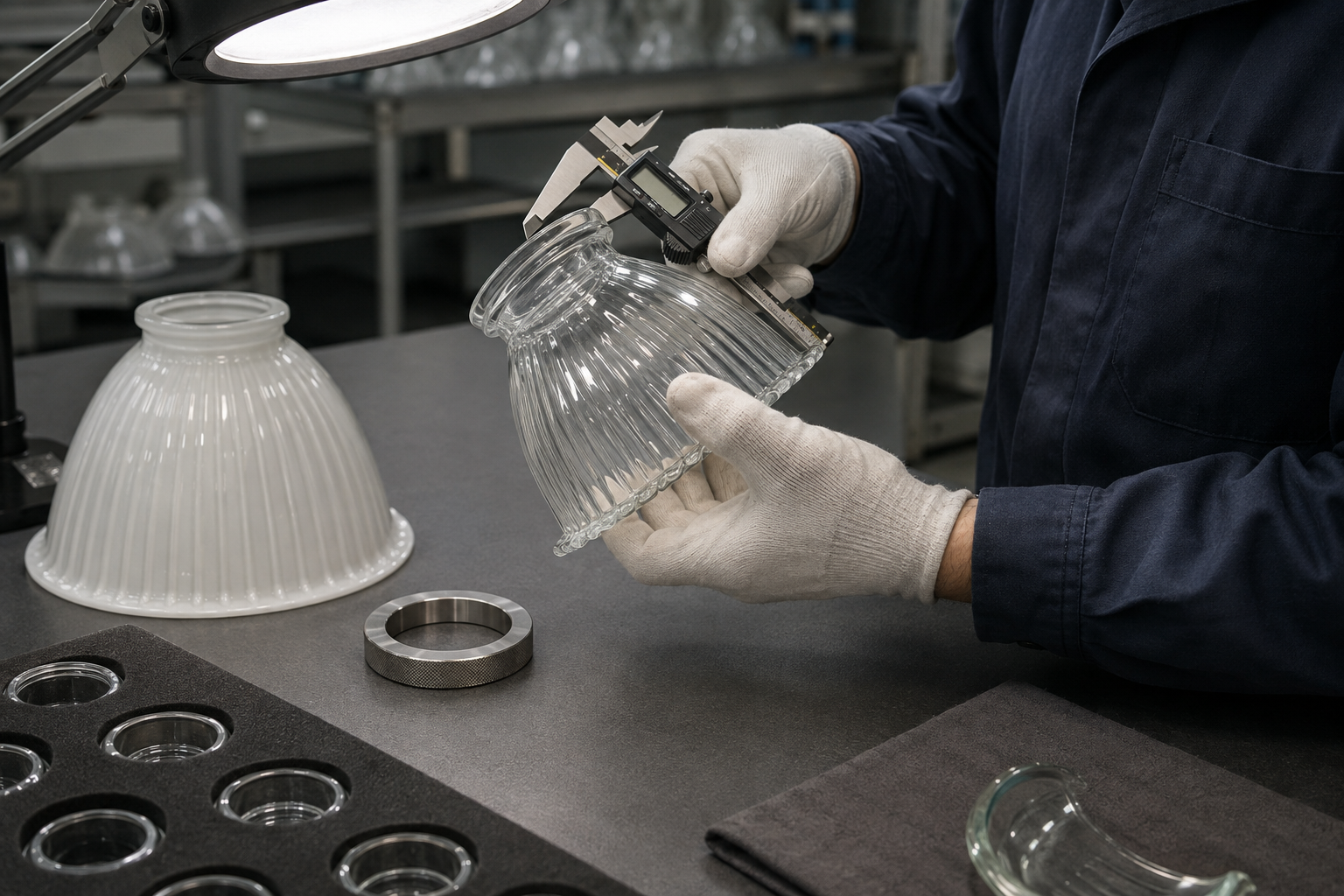 Technician checking a glass shade rim and fitter opening with calipers and a ring gauge