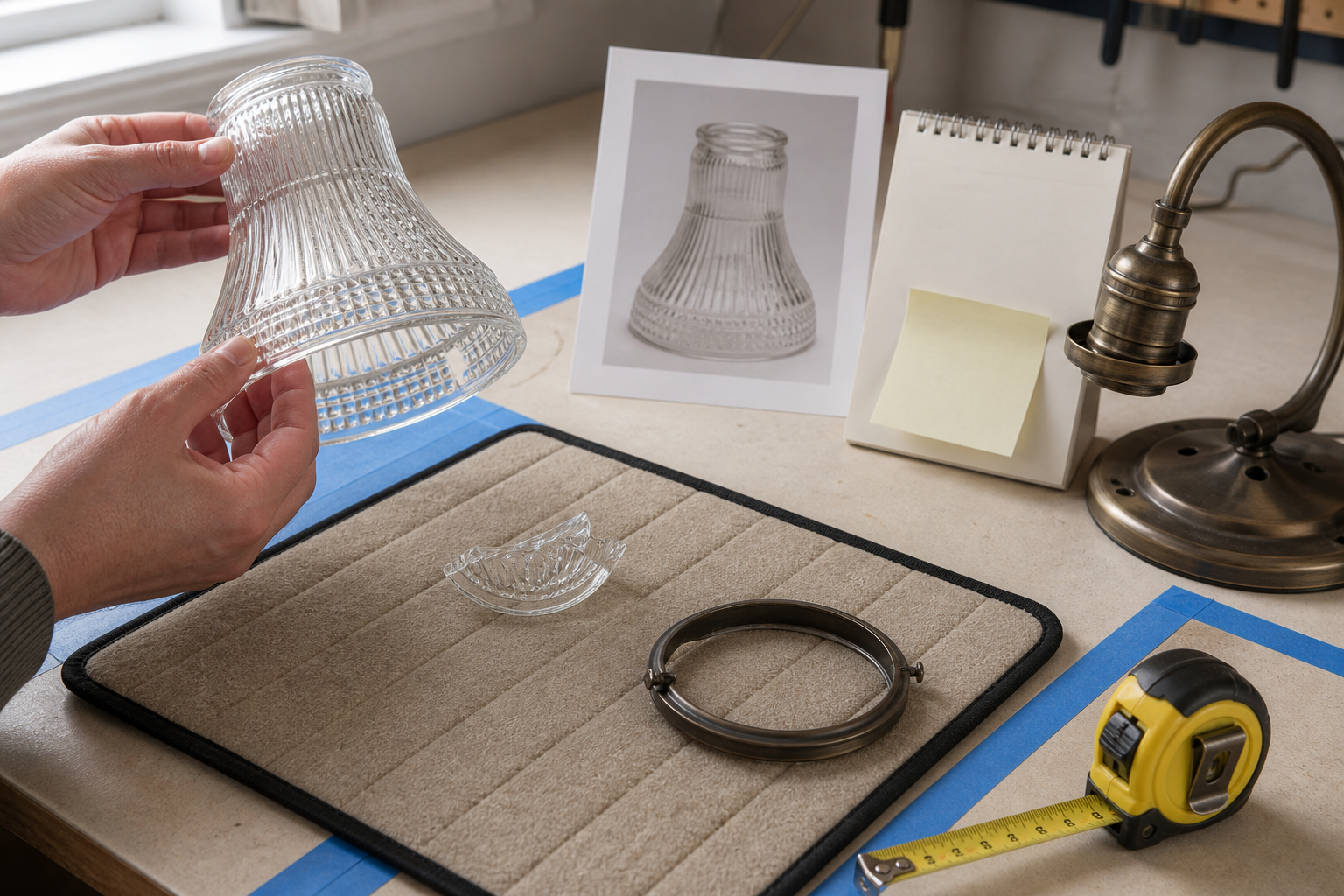 Intact glass shade, safely staged fragment, metal fixture and measuring tools on an inspection bench