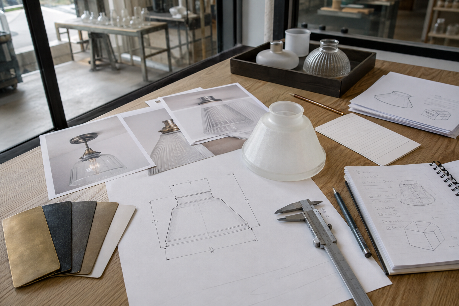 Glass shade sample, dimensioned profile drawing, fixture photos, calipers and finish swatches on a procurement desk
