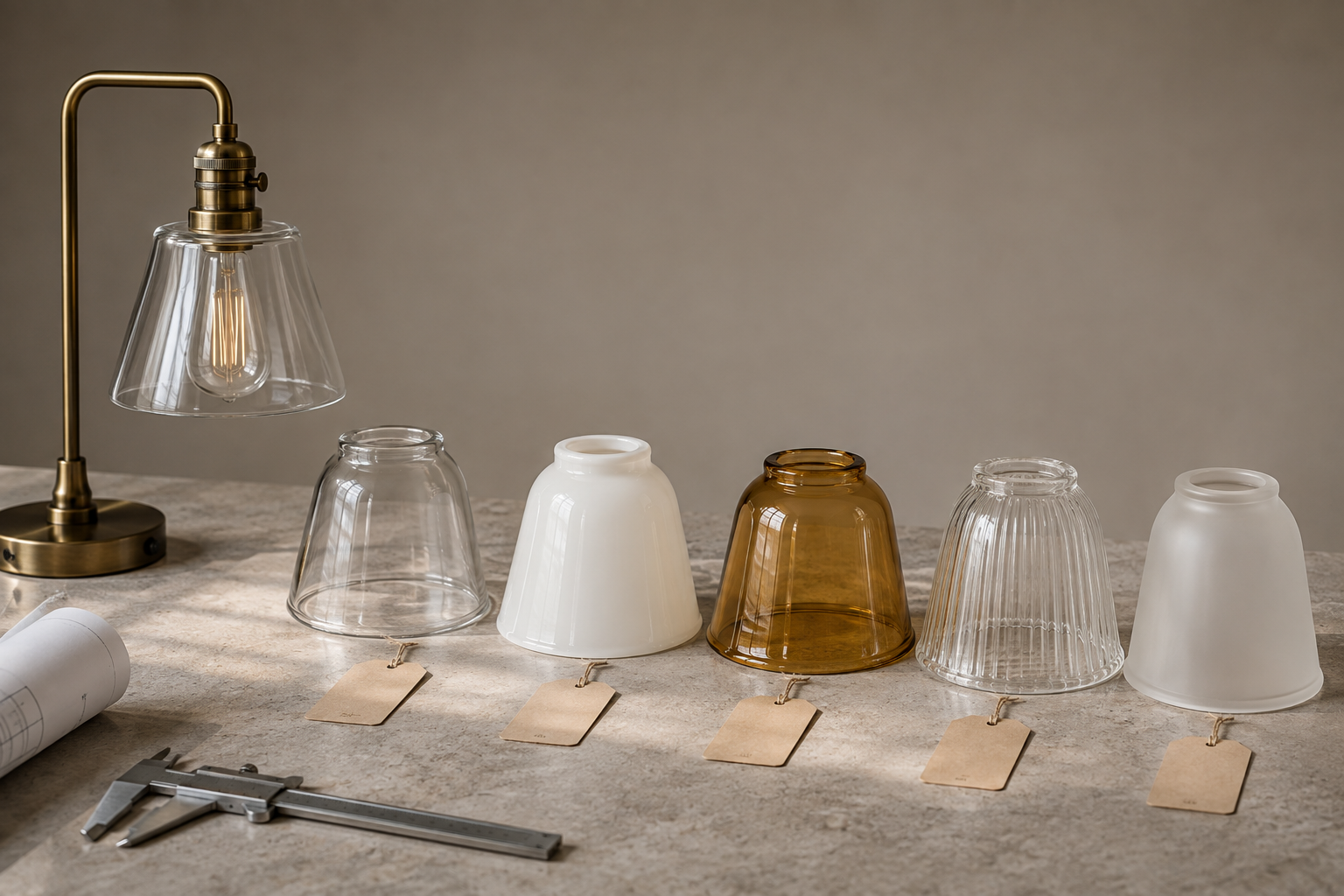 Custom clear, opal, amber, ribbed and frosted glass shade samples beside a reference fixture and calipers