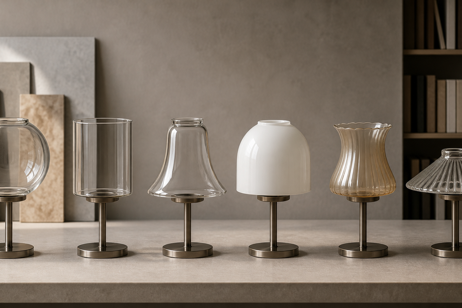 Globe, cylinder, bell, dome, tulip and saucer glass shade profiles shown side by side