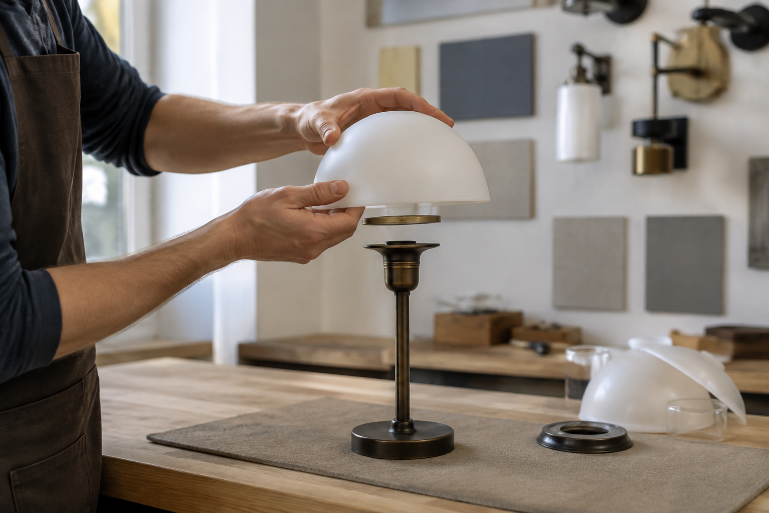 Technician test-fitting an opal glass shade onto a compact table lamp fixture with the fitter visible