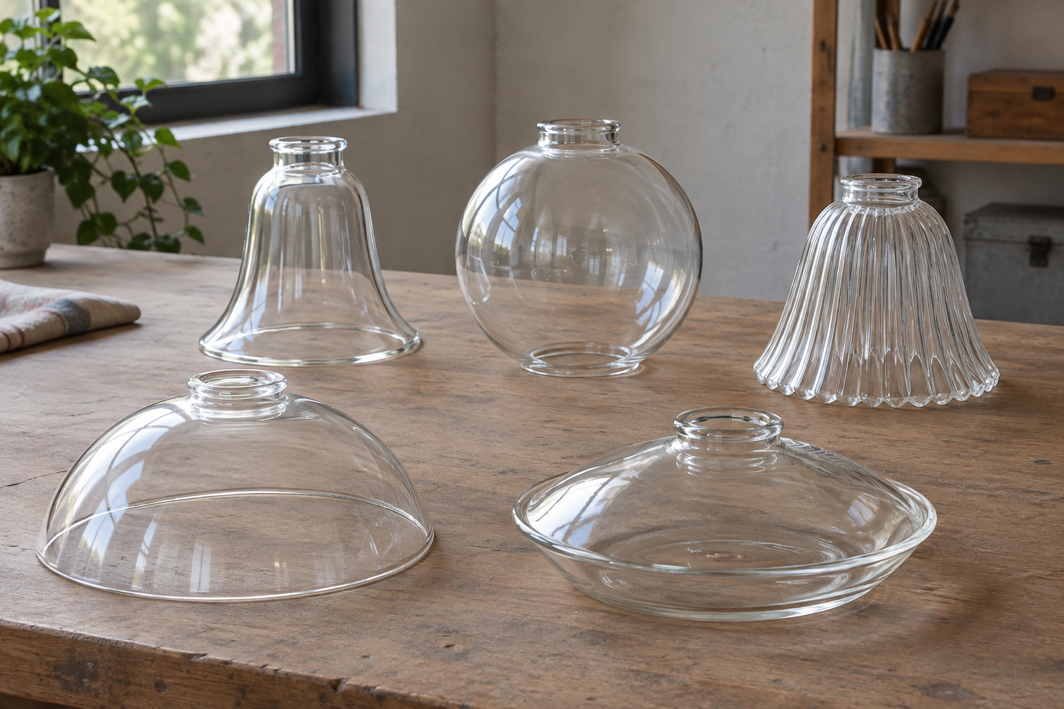 خمسة أشكال لزجاج مظلة مصباح بان على طاولة العمل