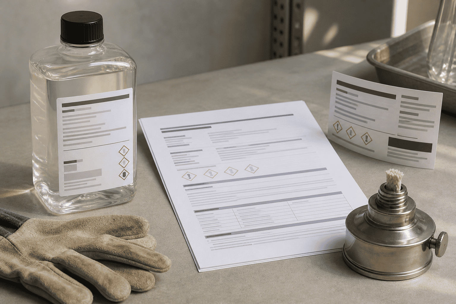 Étiquette du conteneur d'huile de lampe à paraffine, fiche de données de sécurité et détails d'identification du produit préparés pour une vérification du carburant