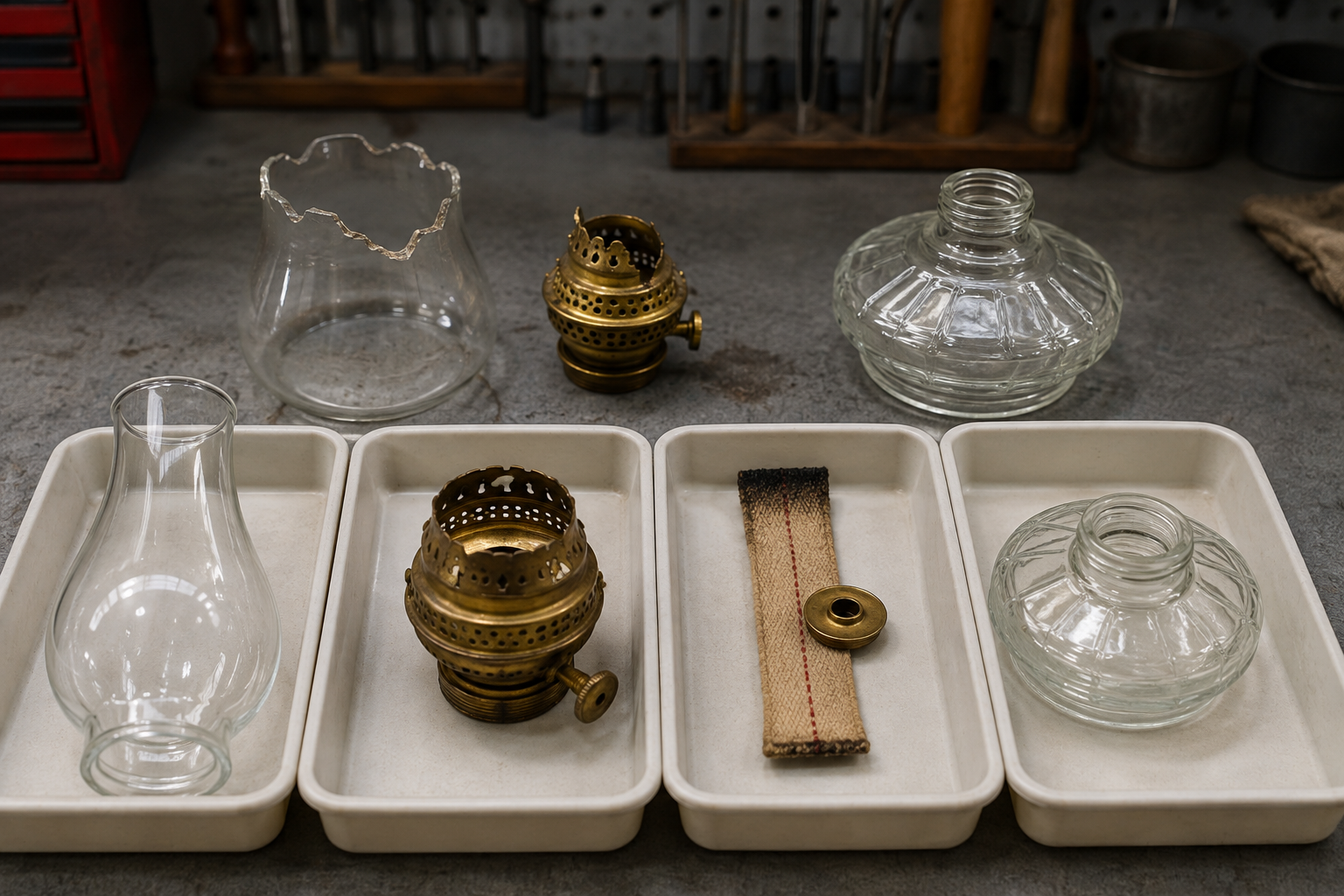 Bord en verre fissuré, mèche usée, brûleur desserré et composants de remplacement séparés sur un banc d'inspection