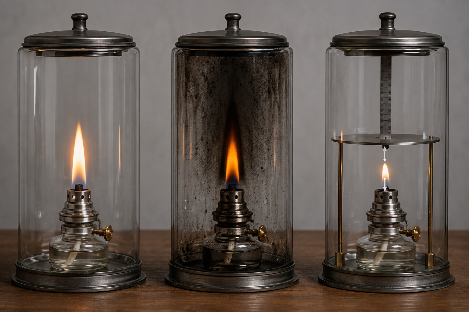 Exemples de flammes de lampe à huile stables et instables avec observations de verre propre, noirci et surchauffé pour une revue contrôlée