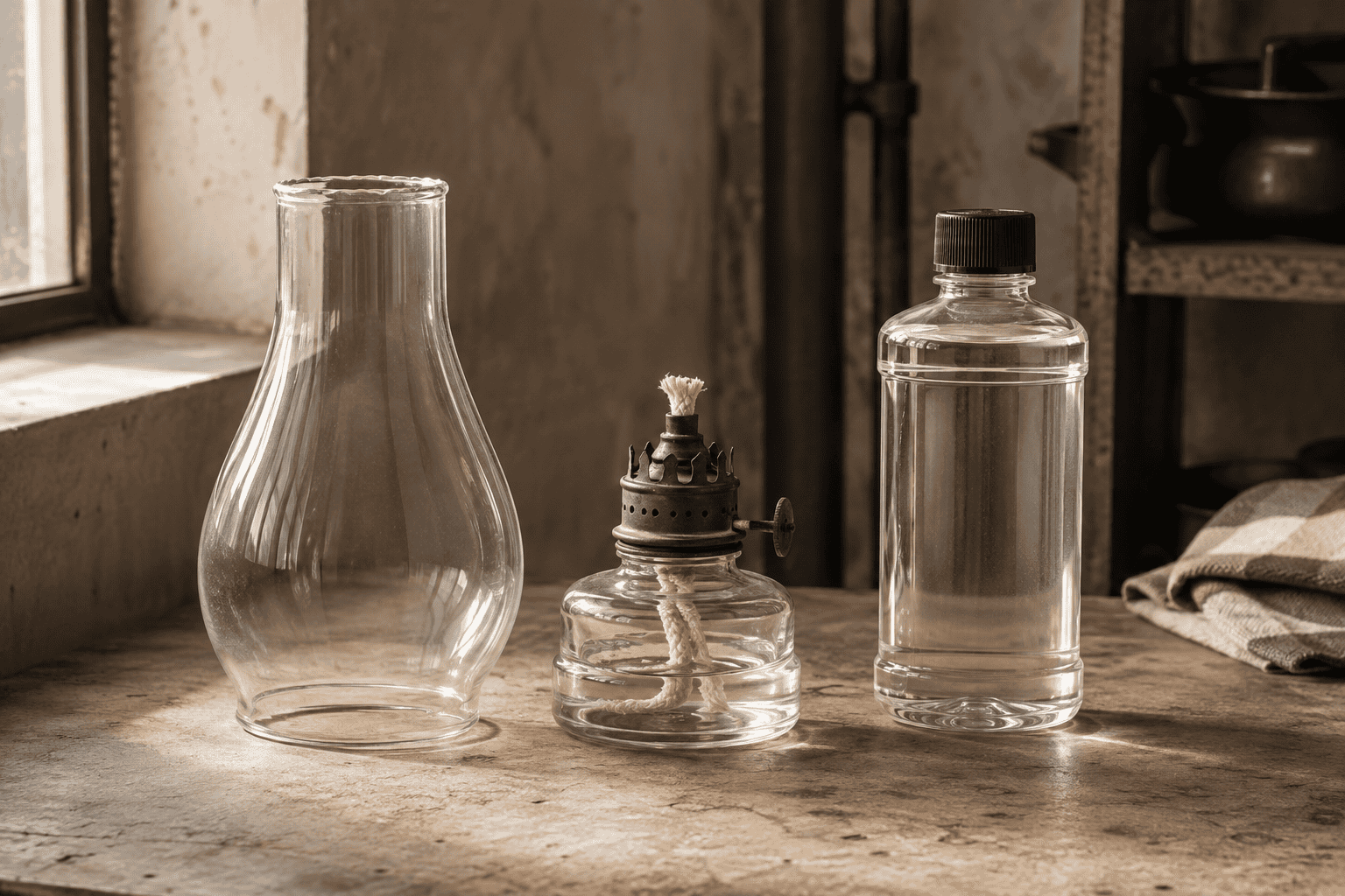 Bouteille d'huile de lampe à paraffine, composants de lampe à mèche et d'abat-jour en verre préparés pour une revue de compatibilité du carburant et de l'abat-jour