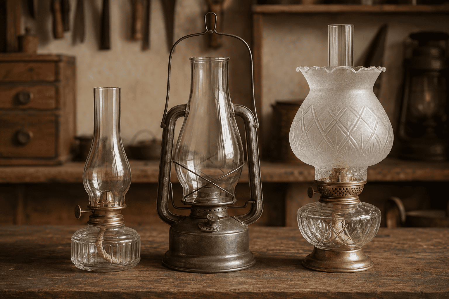 Lampe de table alimentée par mèche, lampe hurricane et lampe à huile couverte présentées avec leurs réservoirs, brûleurs, chapeaux et abat-jour identifiés