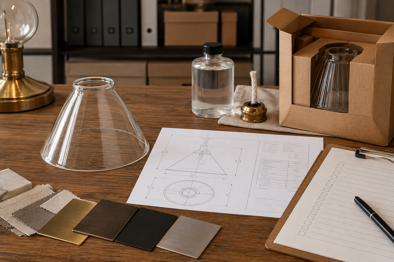 Bureau des achats avec documents d'huile pour lampe à paraffine, dessin de l'abat-jour en verre, échantillon approuvé, enregistrement de l'emballage et liste de contrôle de la commande
