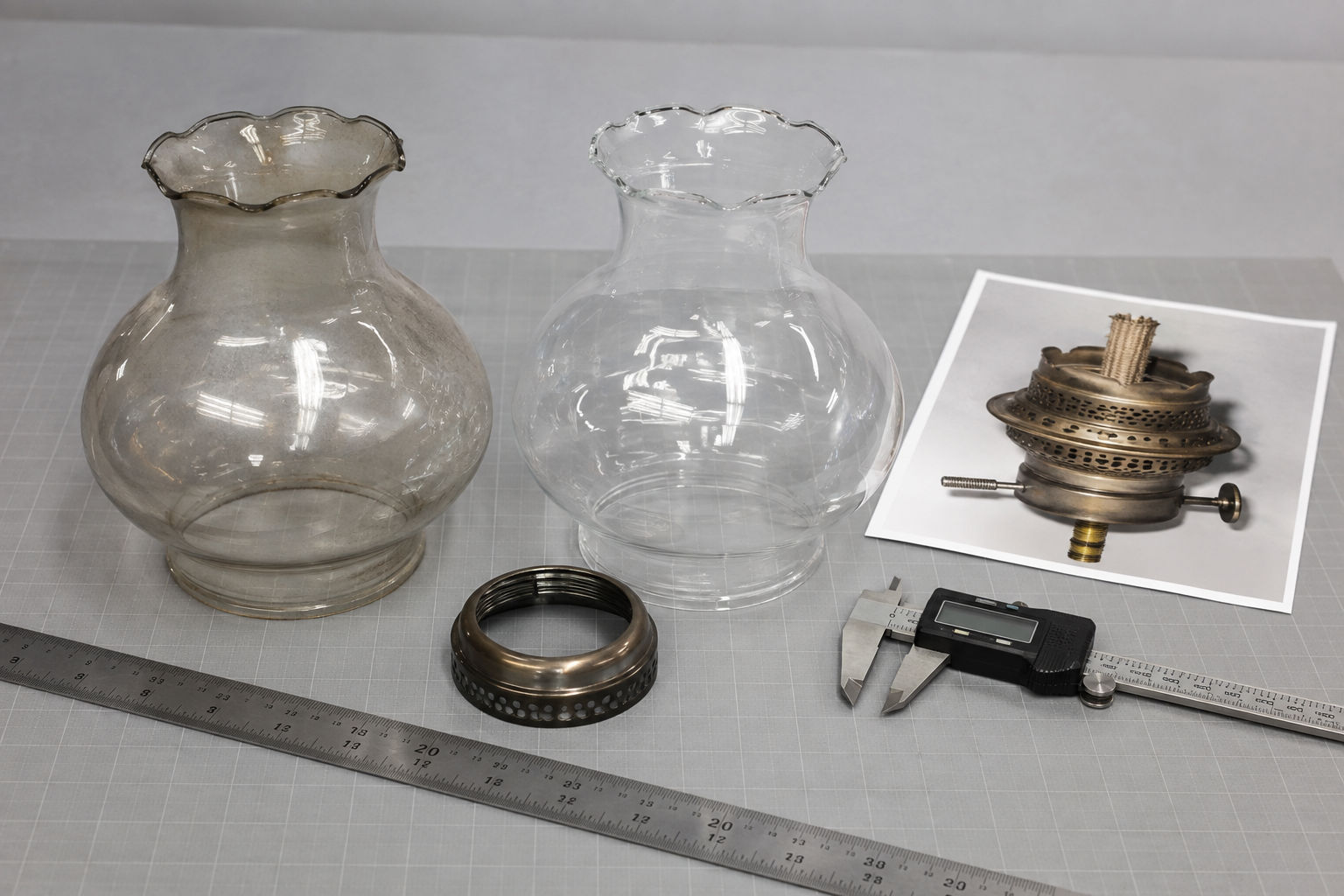 Abat-jour en verre de remplacement, ancien support, carte de mesure et photo du brûleur assemblés en un ensemble de preuves assorties
