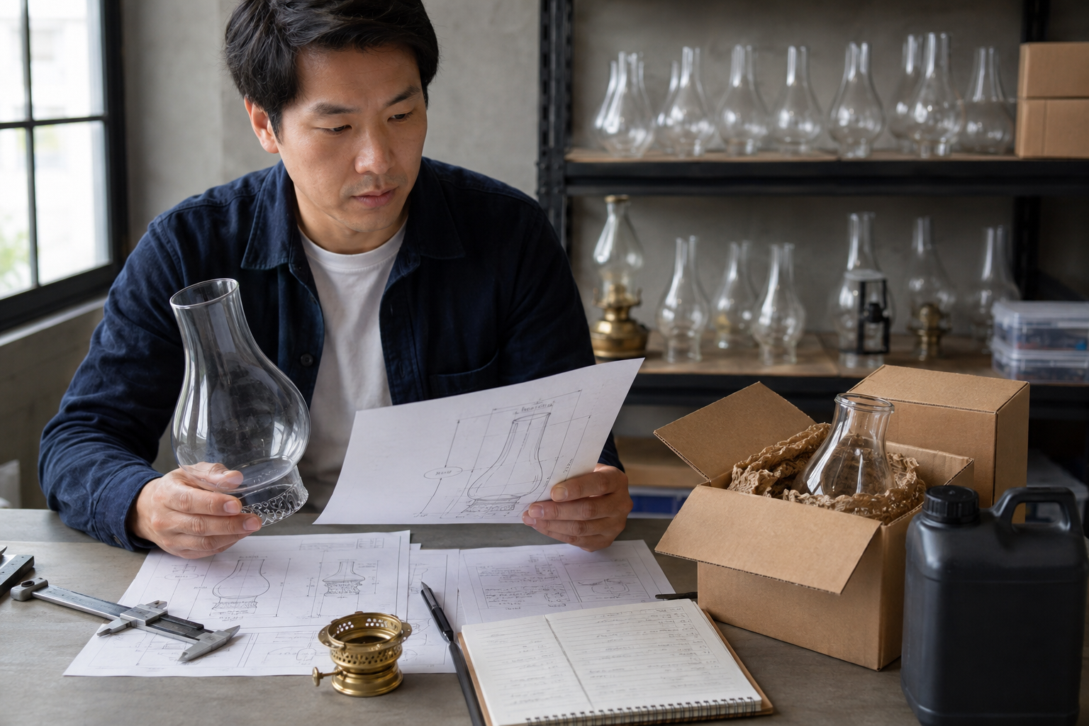 Développeur de produits asiatique examinant une demande de devis pour un abat-jour de lampe à huile avec un échantillon de verre, dessin du support, photo de l'étiquette de carburant et notes d'emballage