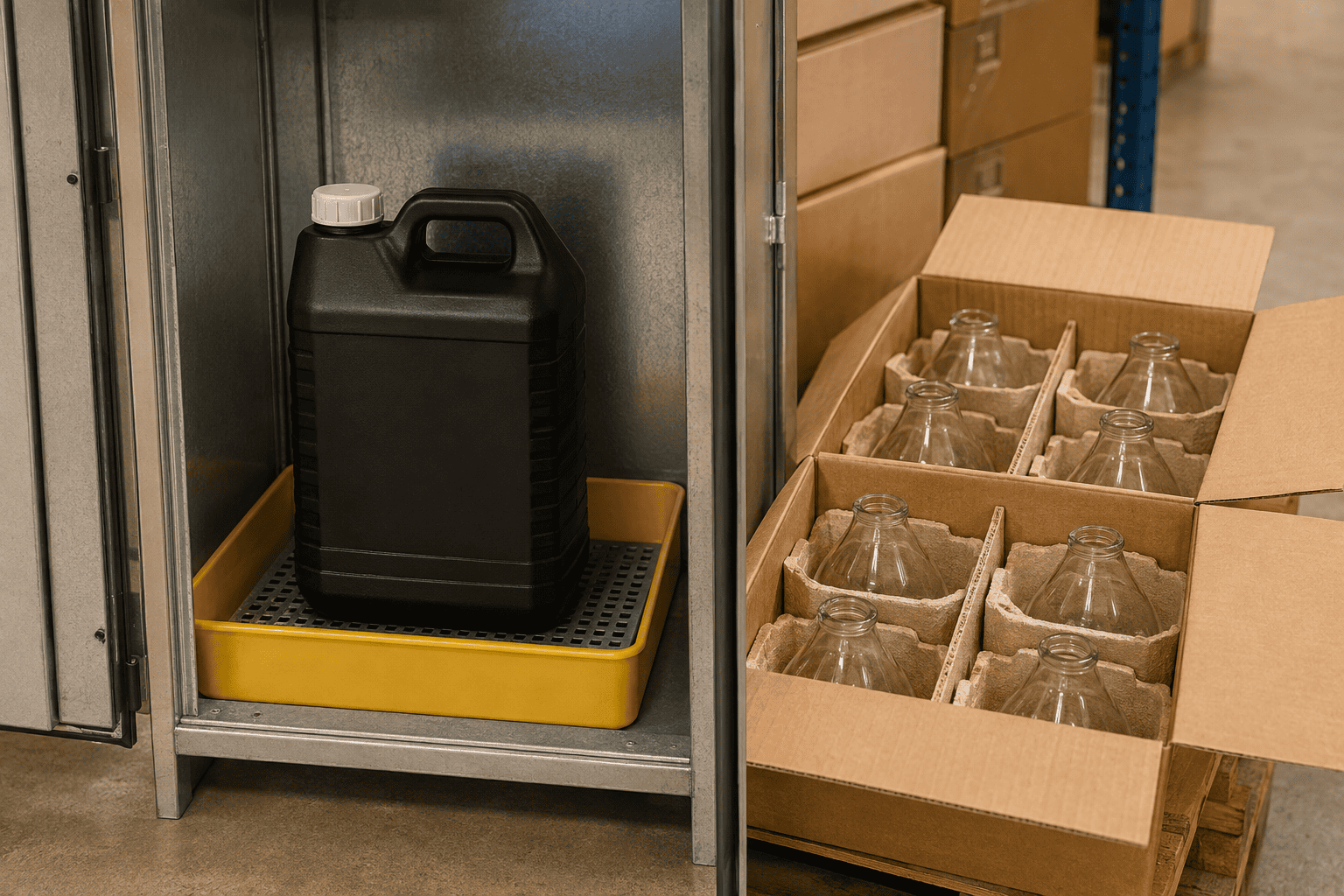 Contenant d'huile pour lampe à paraffine stocké en position verticale dans une armoire contrôlée à côté d'un abat-jour en verre séparé pour emballage d'exportation