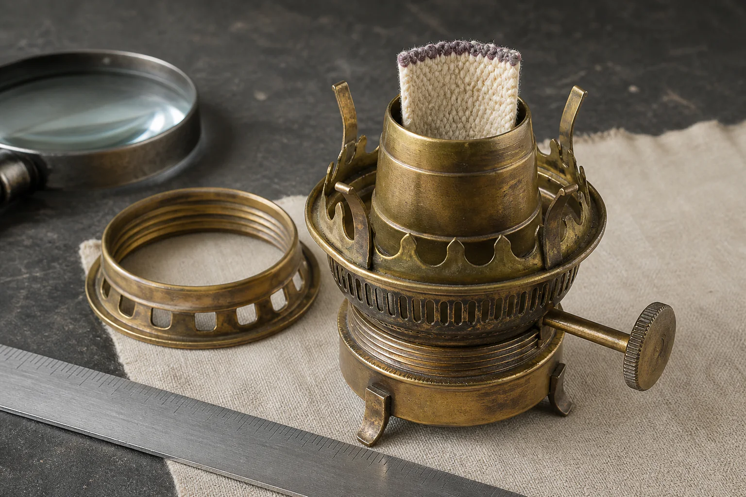 Aged brass Queen Anne style No. 2 burner with wick raiser, collar, support feet, magnifier, and ruler