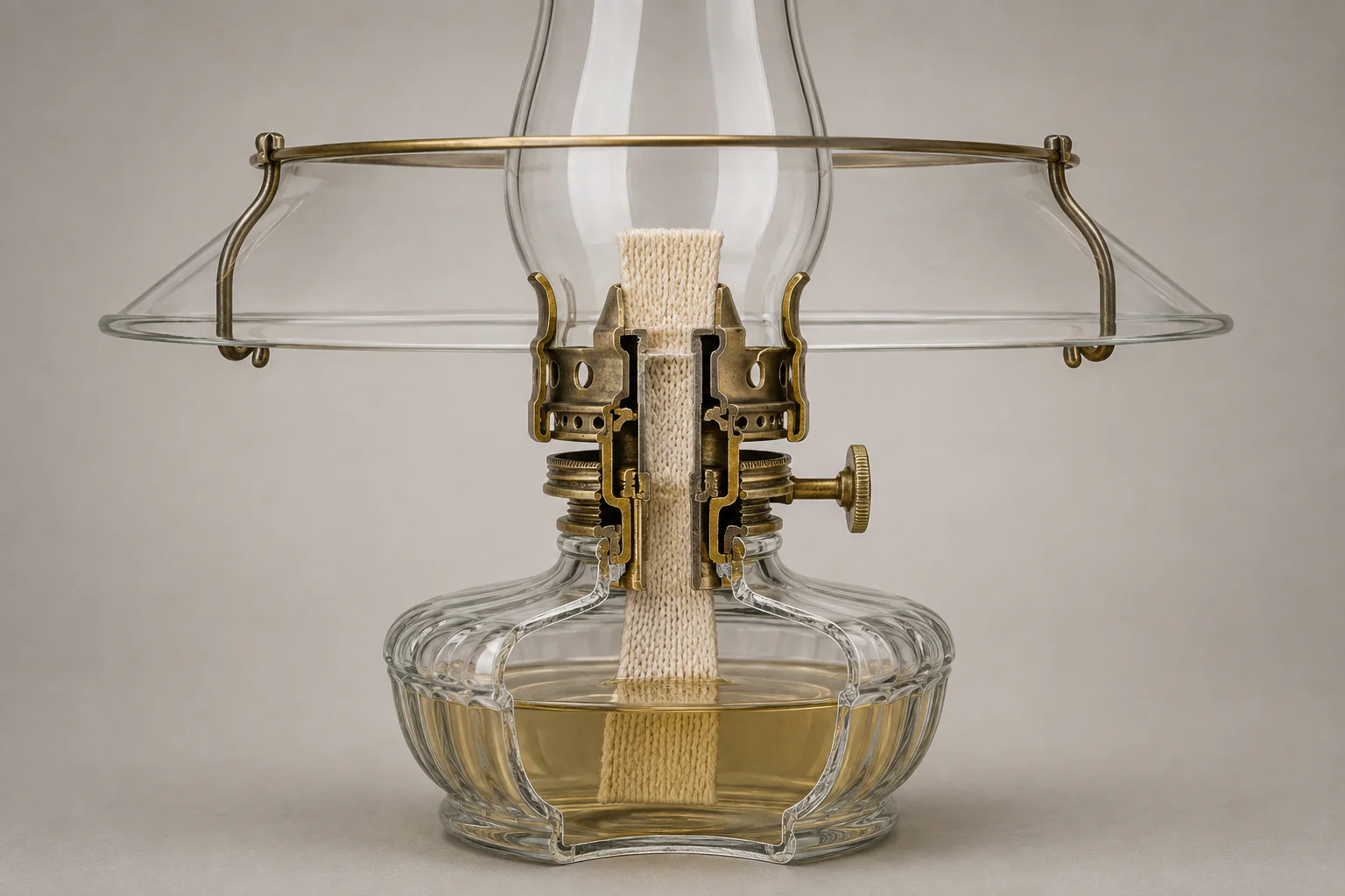 Cutaway view of a Queen Anne style No. 2 burner, flat wick, chimney draft, and outer shade clearance