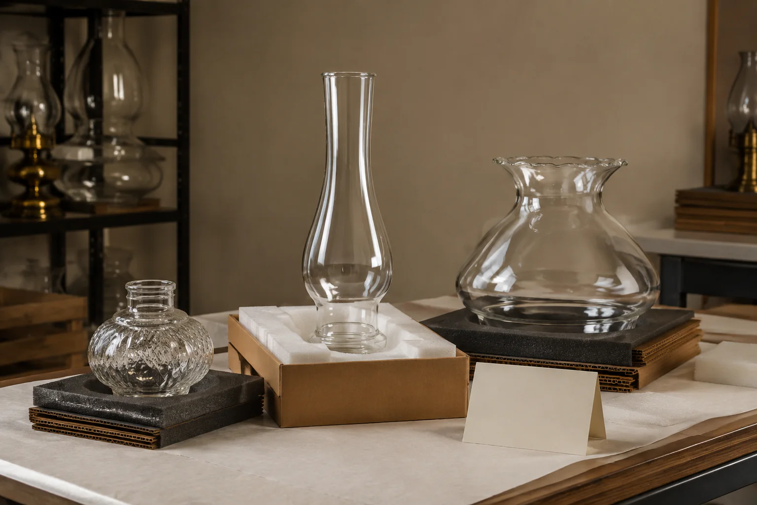 Protected Queen Anne No. 2 glass chimney, outer shade, and font sample prepared for project handoff