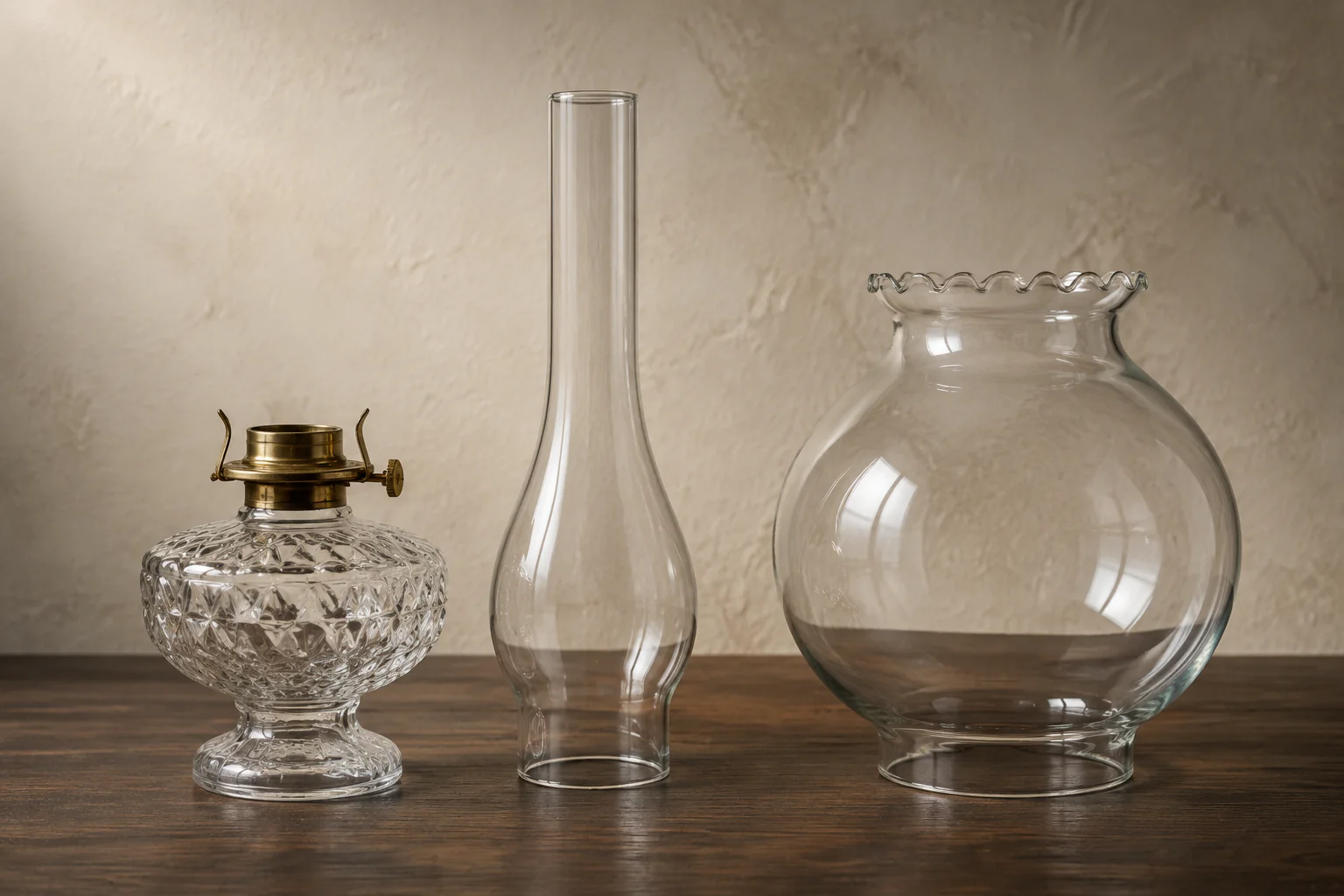 Glass font, clear chimney, and wider outer globe shown as separate Queen Anne lamp components