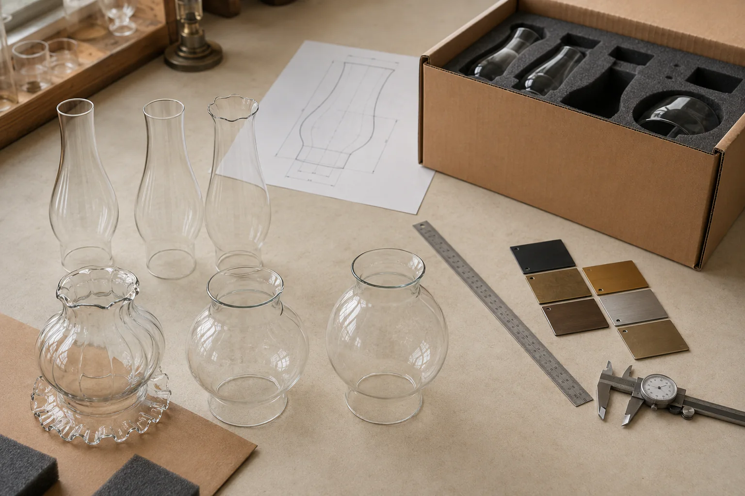 Procurement-ready Queen Anne No. 2 glass RFQ pack with samples, profile drawing, finish chips, and protective carton