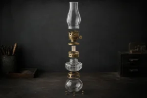 Exploded unbranded Queen Anne style No. 2 oil lamp with burner, collar, chimney, font, and shade