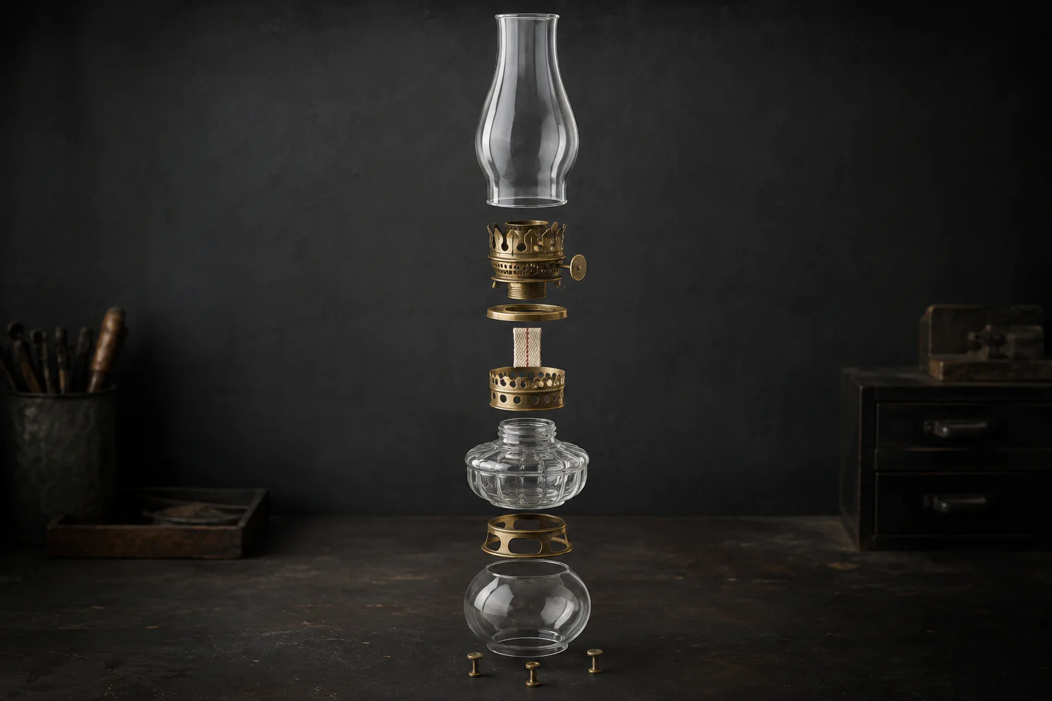 Exploded unbranded Queen Anne style No. 2 oil lamp with burner, collar, chimney, font, and shade