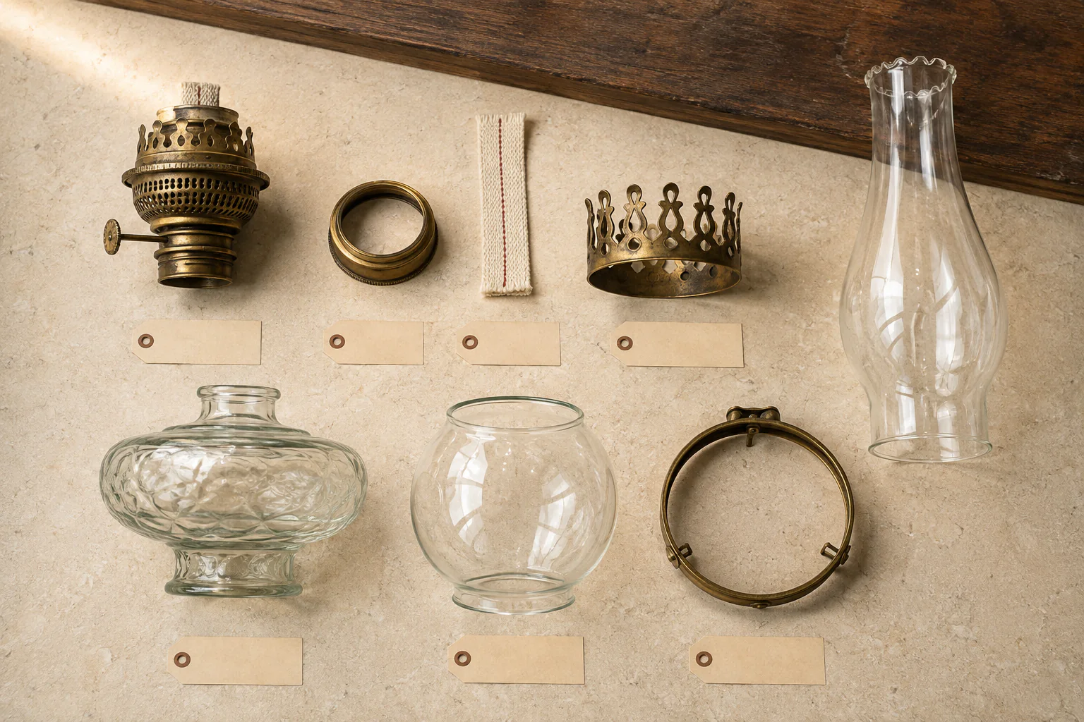 Queen Anne style No. 2 oil lamp parts arranged as a burner, collar, wick, gallery, chimney, font, and outer shade