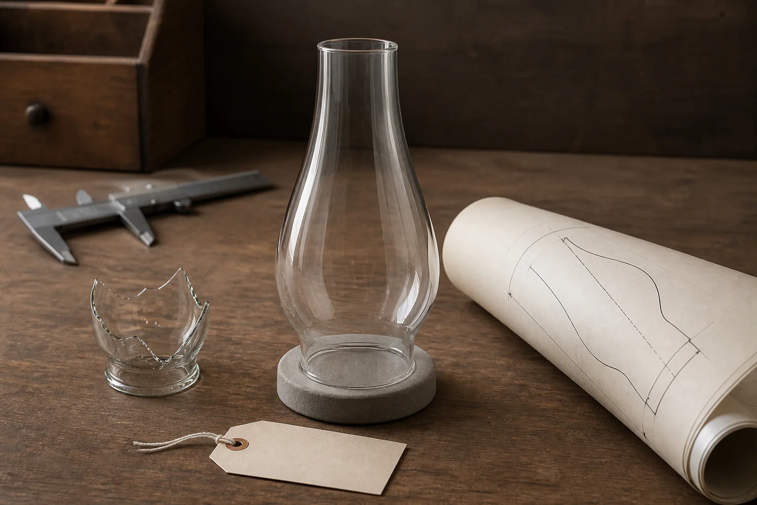 Original glass fragment, reproduction chimney sample, and custom profile drawing for a Queen Anne No. 2 lamp