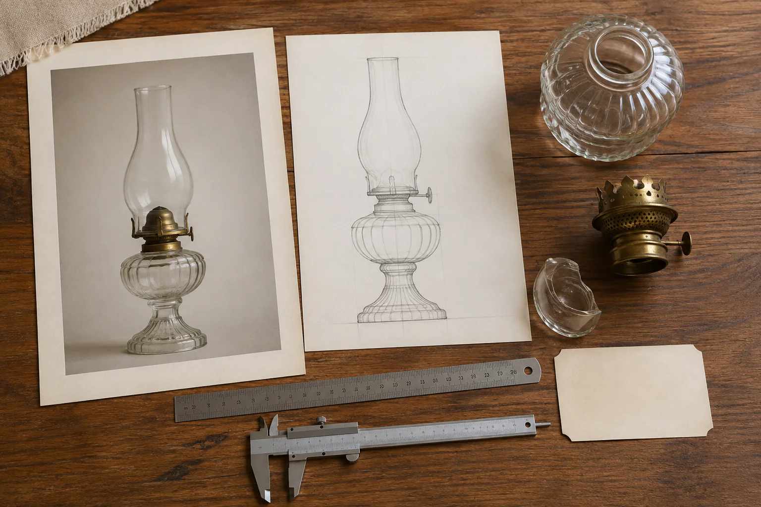 Queen Anne No. 2 lamp evidence pack with photographs, blank profile sketch, ruler, caliper, and glass fragments
