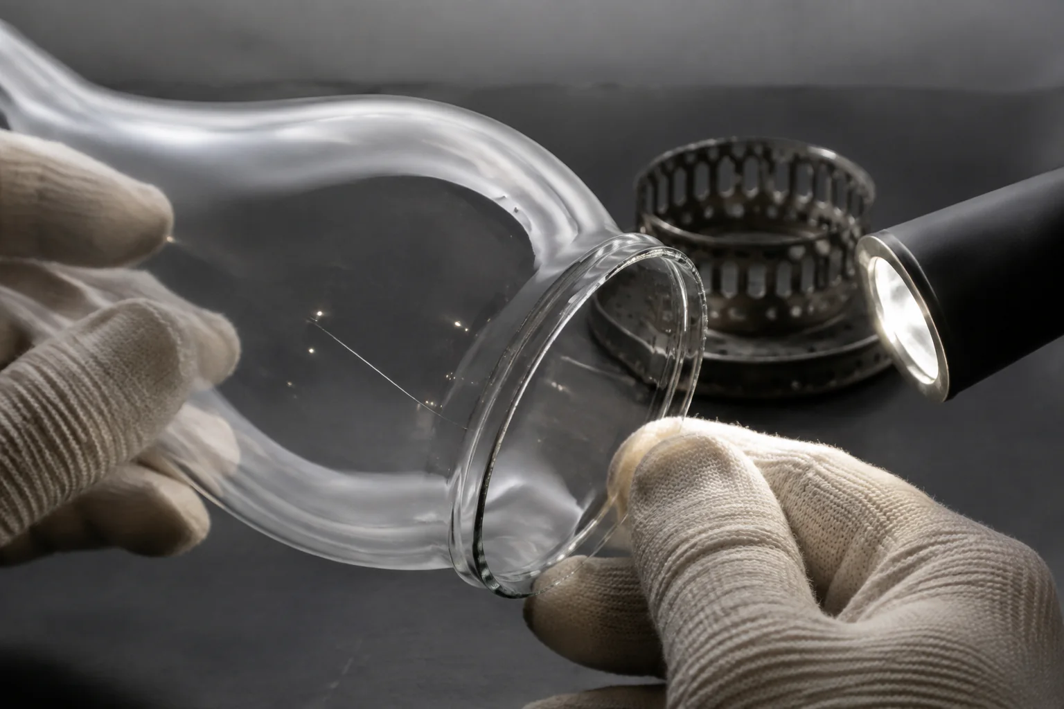 Gloved technician inspecting a clear Queen Anne chimney rim and fitter under an inspection light
