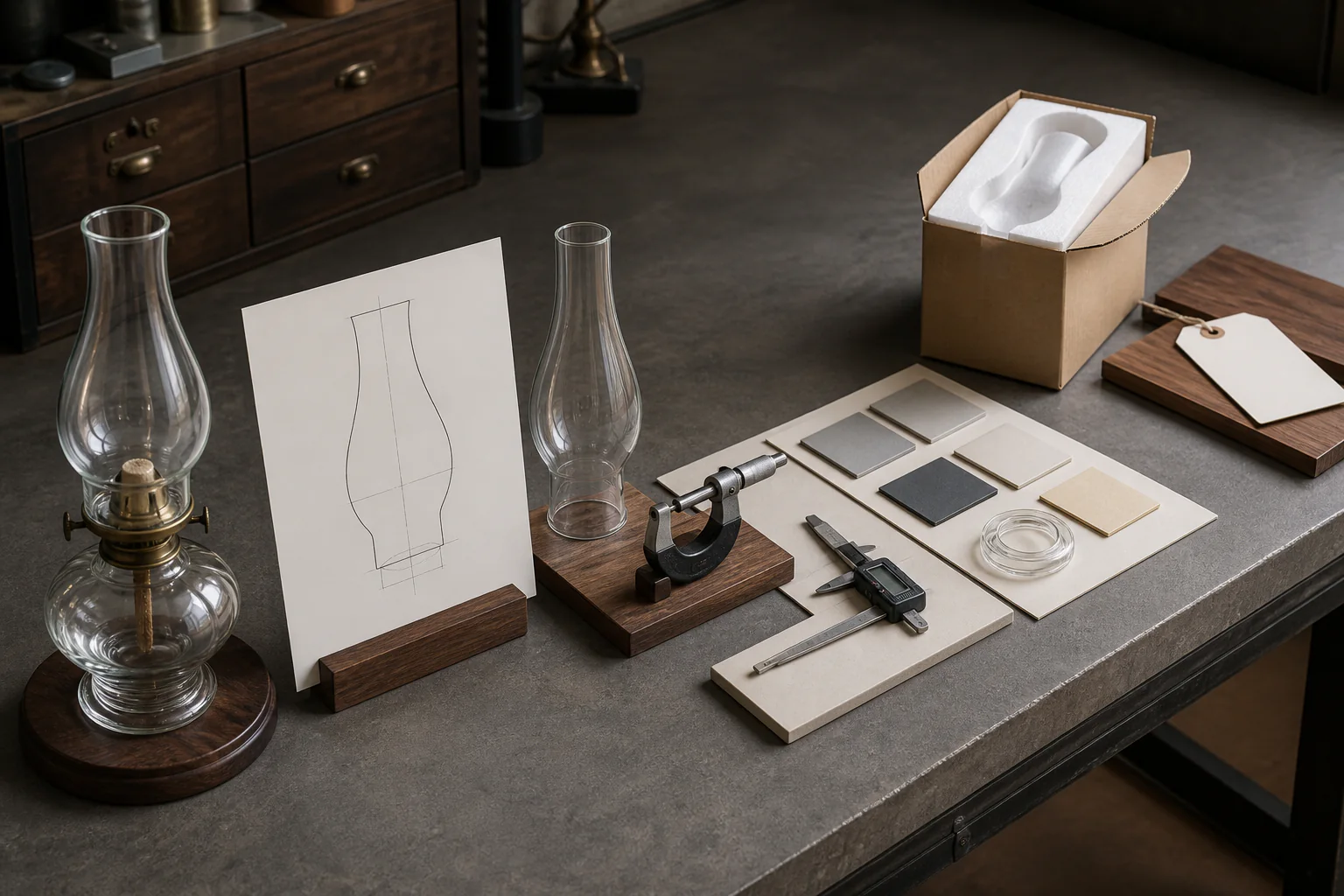 Queen Anne No. 2 glass sourcing workflow with lamp, drawing, sample, gauges, and protective packaging