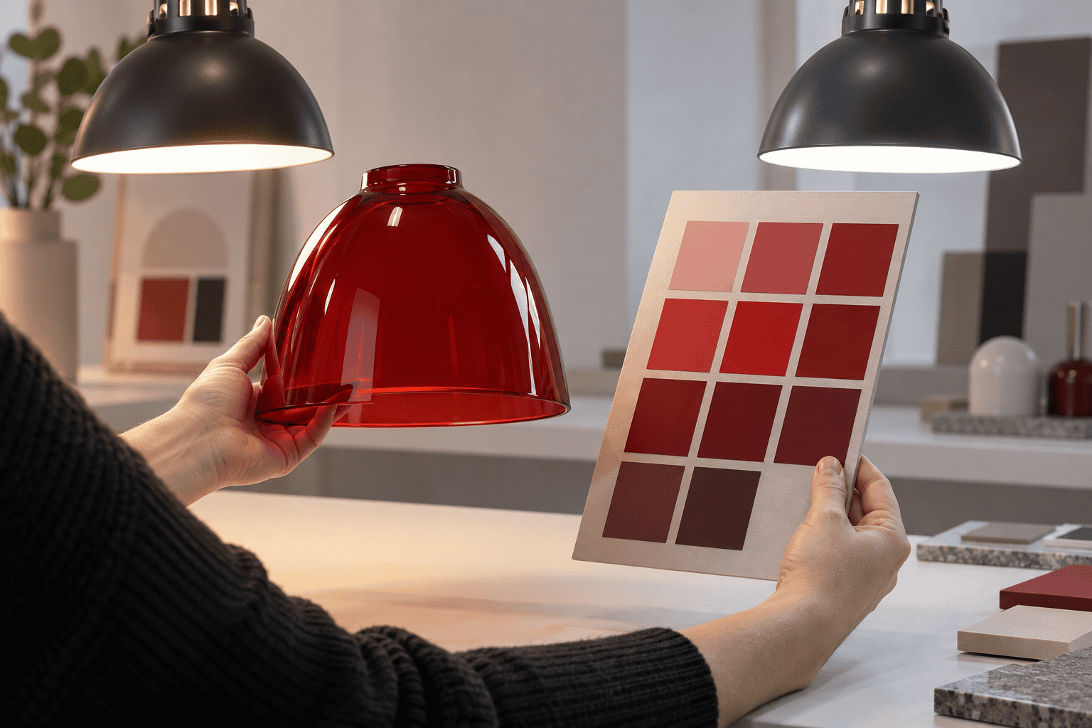 Red glass lampshade and color sample at a lighting design studio.