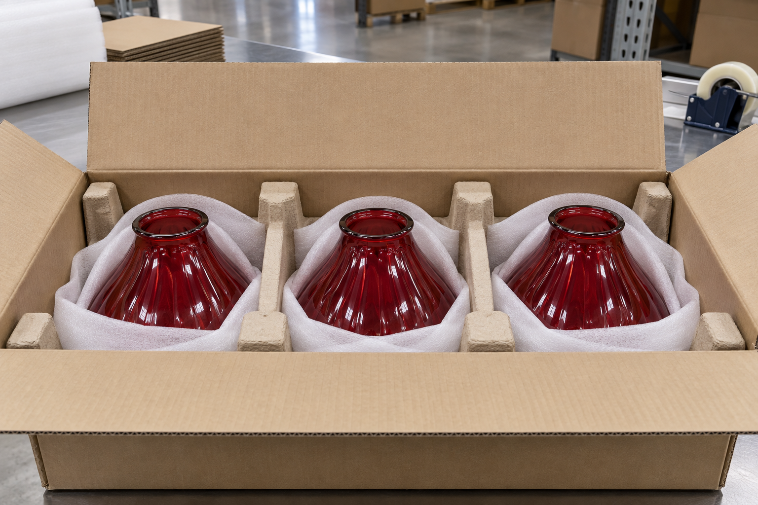 Export carton with separated protective cells holding individually wrapped red glass lamp shades