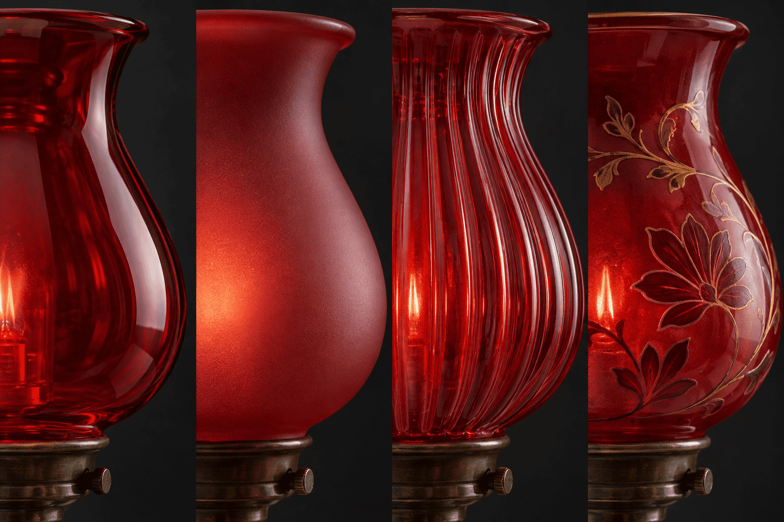 Collection of four red glass lampshades with different designs and finishes.