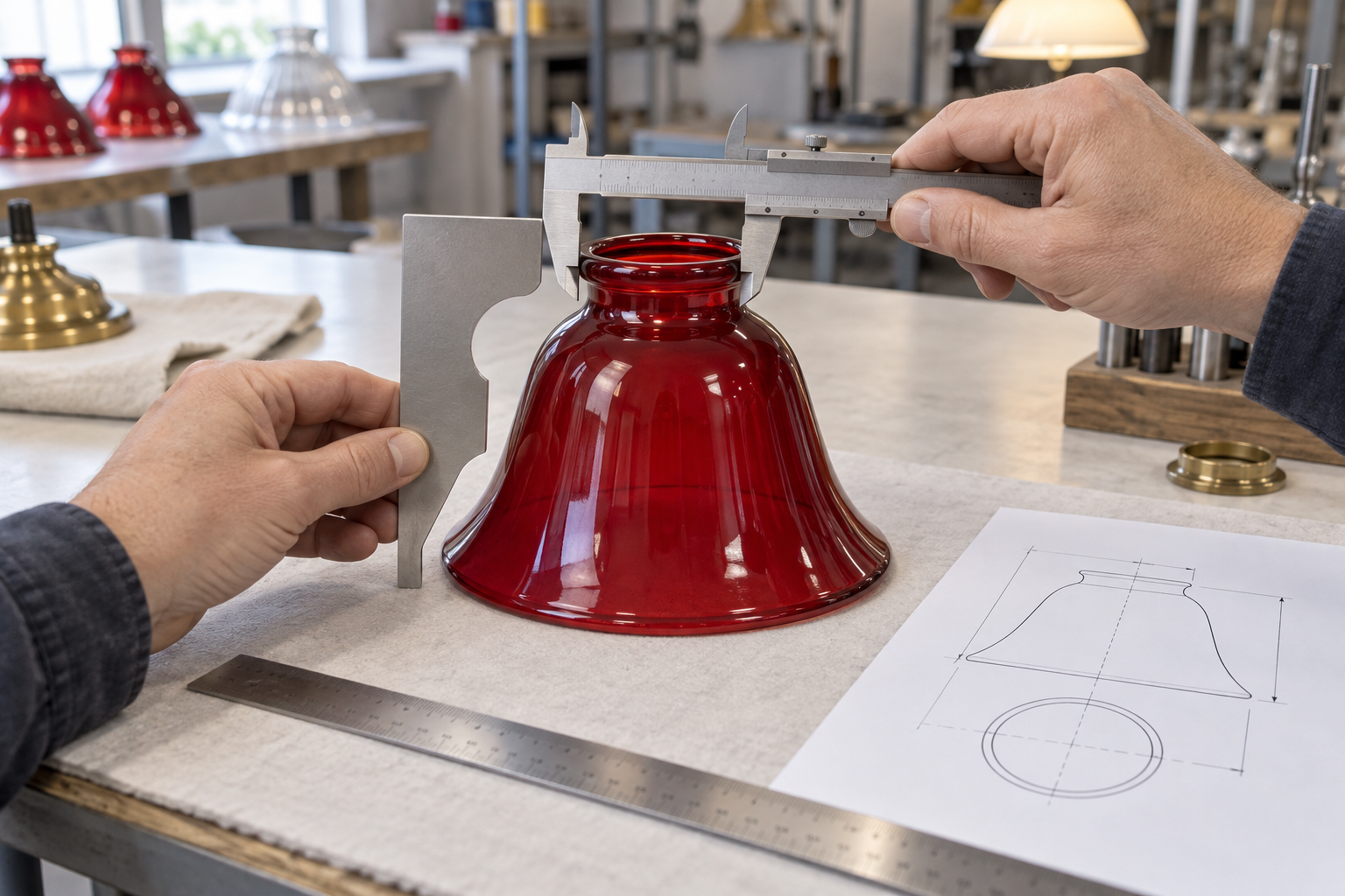 Calipers and a profile template measuring the fitter opening and height of a red glass lamp shade