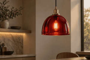 Red glass lamp shade glowing on an unbranded pendant fixture in a warm neutral interior