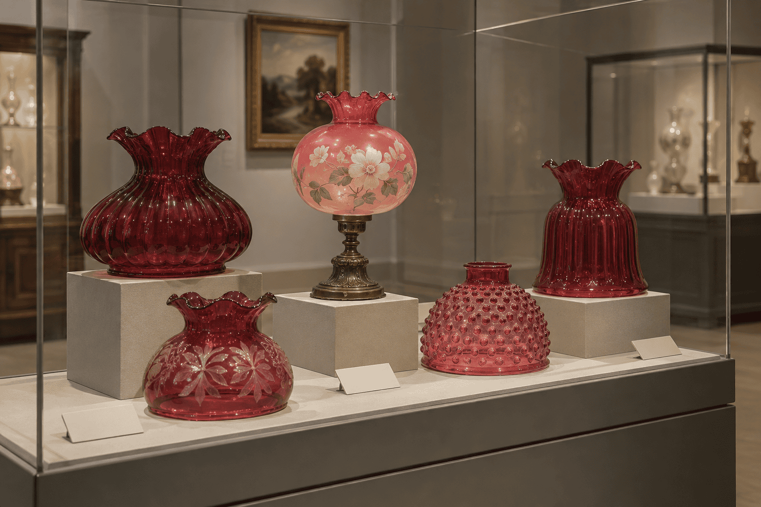 Museum-style display of red ruby cranberry and rose glass shade forms beside neutral documentation cards