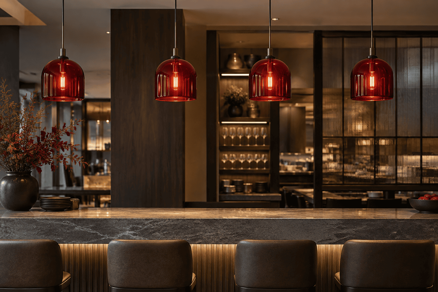 Elegant interior with red glass lampshades hanging above a bar.