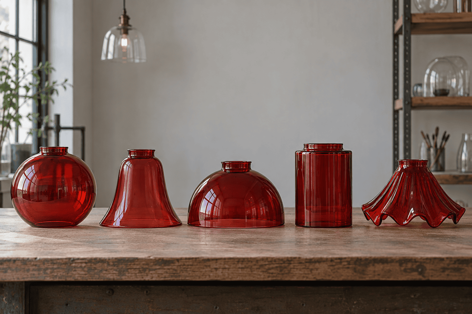 Red glass lampshades displayed on wooden table in a modern interior setting.