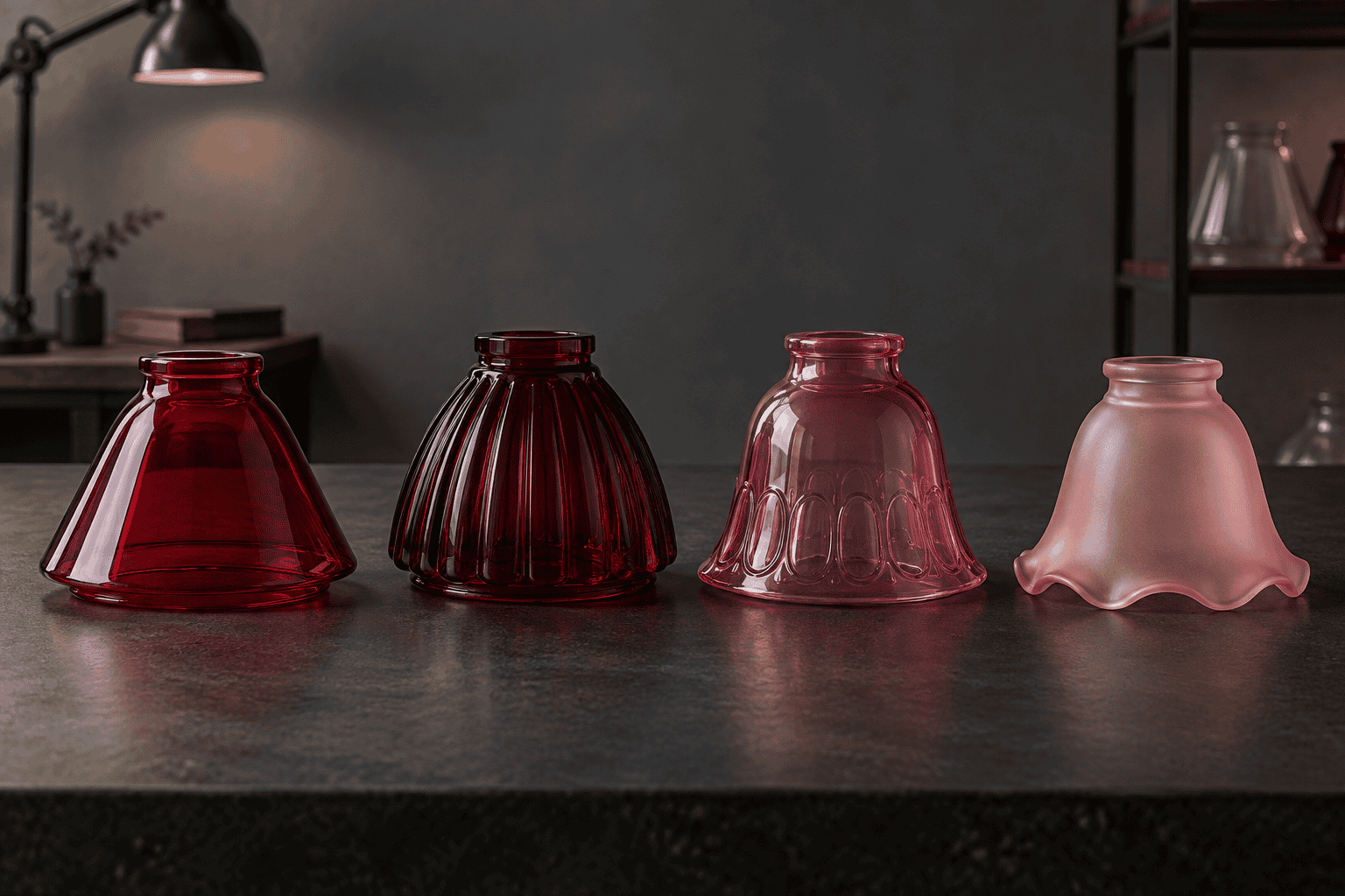 Colorful glass lampshades in various shapes and shades of red and pink.