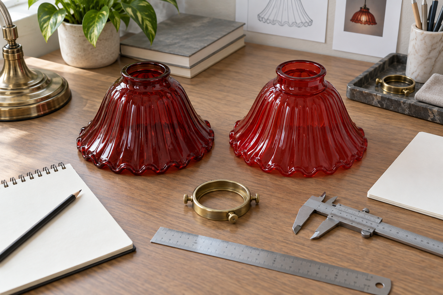 A lighting buyer compares an original red glass shade with a proposed replacement beside a fitter ring and measuring tools